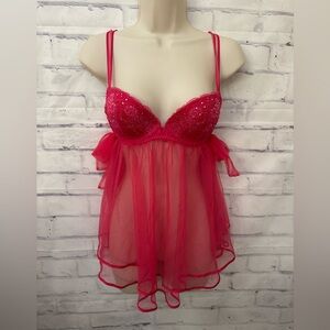 Victoria’s Secret Size 36B Pink Bling Neglige Sheer Chiffon Sexy Boudoir Push Up